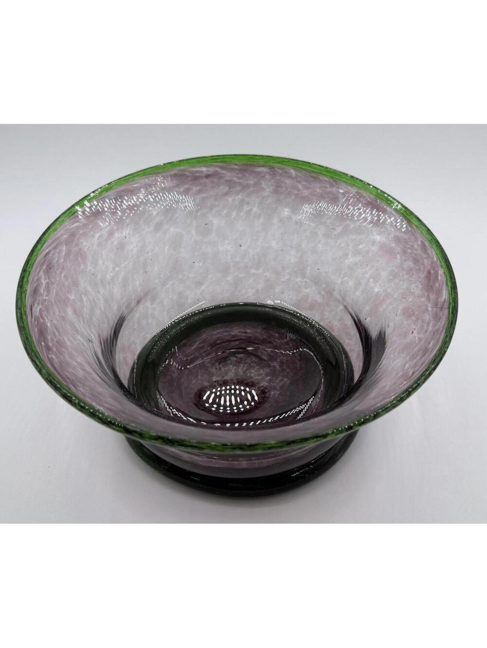 Art Glass Bowl Green Rim Hand Blown Vintage Bowl Purple Amethyst  and Green